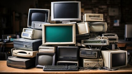 A collection of old electronic devices such as computers, phones, and tablets, exemplifying the need for electronic waste recycling. - obrazy, fototapety, plakaty