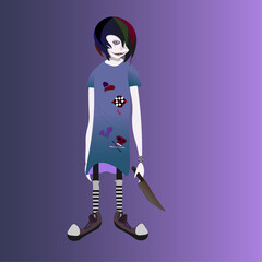 Emo Evil Subculture guy. Bright style. Сreepy emo guy with a knife. Flat style. - obrazy, fototapety, plakaty