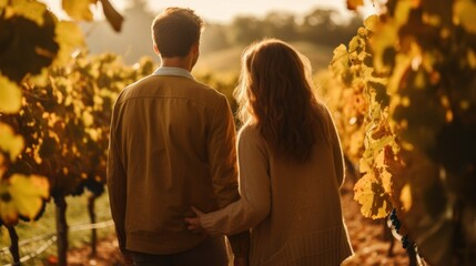A couple walking through a lush vineyard, pausing to consider a bunch of grapes bathed in the golden sunlight.