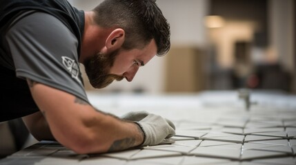 A construction worker laying tiles on the floor - obrazy, fototapety, plakaty