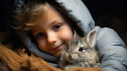 Naklejka premium A curious boy, gently petting a fluffy rabbit, his eyes lit up with gentle joy and curiosity.