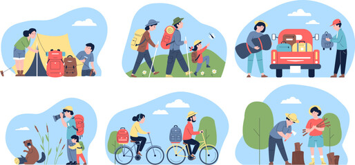 Obraz premium Friends travel adventures. Family hiking on nature, couple with backpack and on car. Outdoor healthy camping rest, recent vector scenes