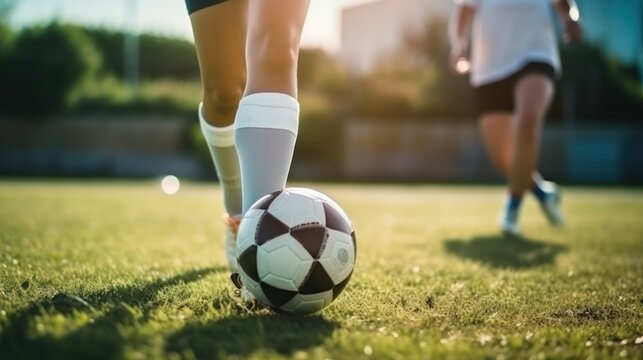 A dynamic girl, in soccer attire, skillfully controlling the ball with her foot, while maintaining balance and focus on the field.