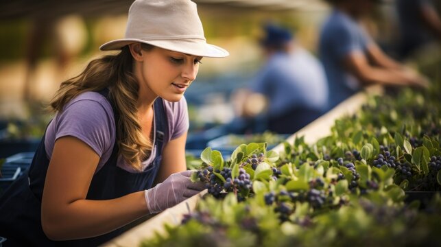 A diligent woman at a vibrant berry farm, gently sorting through blueberries, ensuring only the best are selected. - Powered by Adobe