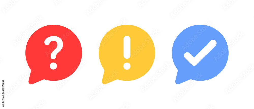 Fototapete question mark, information and check mark in speech bubble icon - exclamation mark, warning notification signs dialogue bubbles frame - message box with support, ask, help, faq, info, icon