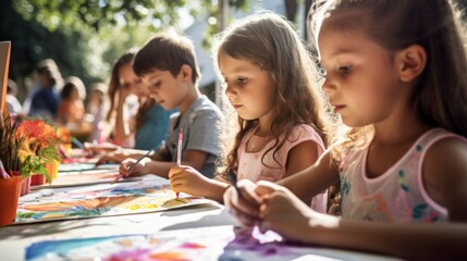 A group of children concentrating intently, brushes in hand, creating colorful paintings on a sunny...