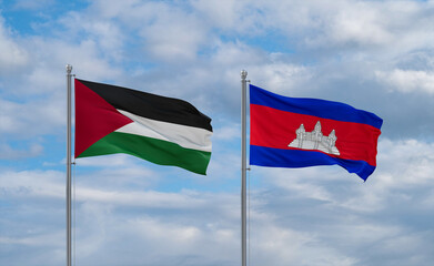 Cambodia and Palestine and Gaza Strip flags, country relationship concept