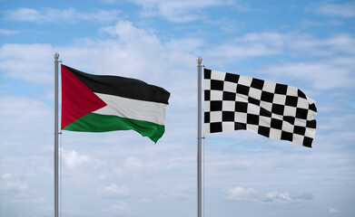 Checkered racing and Palestine and Gaza Strip flags, country relationship concept