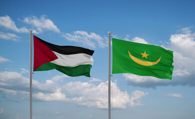 Mauritania and Palestine and Gaza Strip flags, country relationship concept