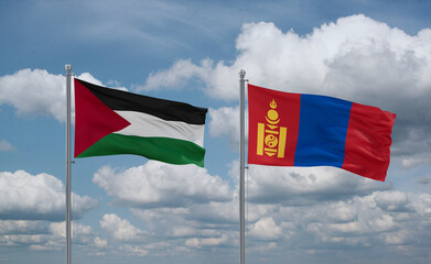 Mongolia and Palestine and Gaza Strip flags, country relationship concept
