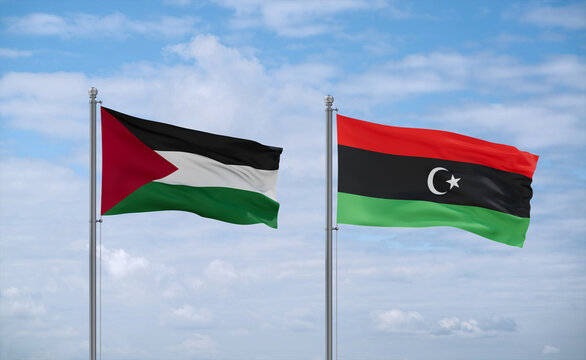Libya and Palestine and Gaza Strip flags, country relationship concept