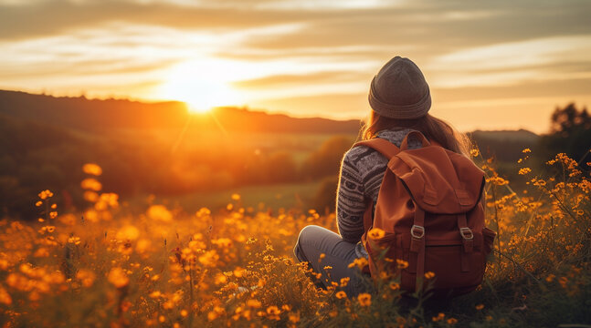 Girl backpack in nature during sunset, Relax time on holiday concept travel, selective and soft focus