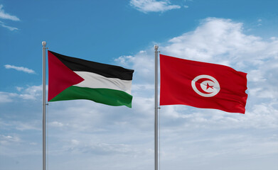 Tunisia and Palestine and Gaza Strip flags, country relationship concept