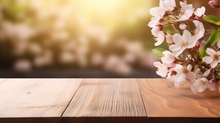 Empty Wooden surface for presentation with SPA salon and sakura background, mockup, Space for presentation product