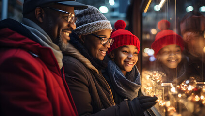Festive African American family wearing eyeglasses gazing at window at Christmas market