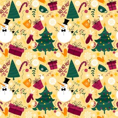 Christmas tree cartoon seamless snowman and snowflakes pattern for wrapping paper and fabrics and linens