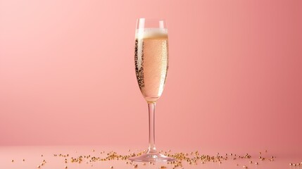  a champagne glass filled with champagne and gold flakes on a pink background.  generative ai