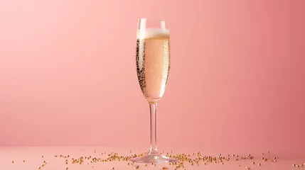 Fotobehang  a champagne glass filled with champagne and gold flakes on a pink background.  generative ai © Anna