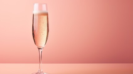  a glass of champagne on a pink surface with a pink background.  generative ai