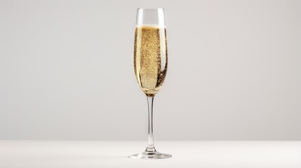  a glass of champagne is sitting on a table with a white background.  generative ai