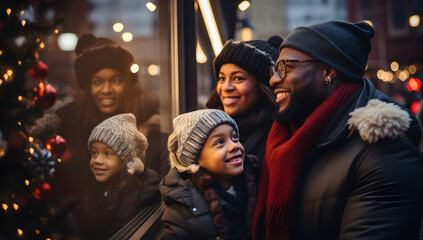 Fototapeta premium Festive African American family in eyeglasses enjoying window shopping at Christmas market