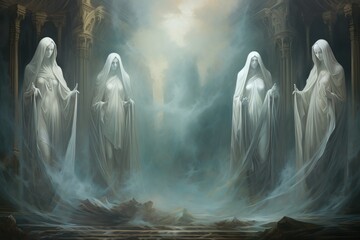 Ethereal mist guardians, protecting sacred sites with their veiled presence - Generative AI - obrazy, fototapety, plakaty