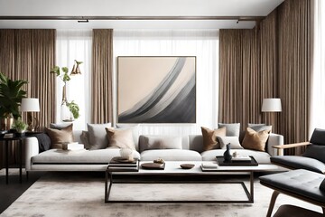 A Canvas Frame for a mockup placed centrally in a modern living room, its details impeccably captured, from the fabric weave of the nearby drapes to the glossy sheen of a lacquered coffee table below - obrazy, fototapety, plakaty