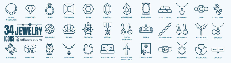 Jewelry line icon set. Included icons as gems, gemstones, jewel, accessories, ring and more.Outline icons collection. Simple vector illustration.