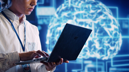 Engineer in cloud computing business uses artificial intelligence computing simulating human brain...