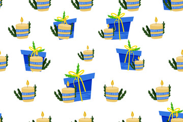 Seamless pattern with New Year and Christmas print. Candles on a white background