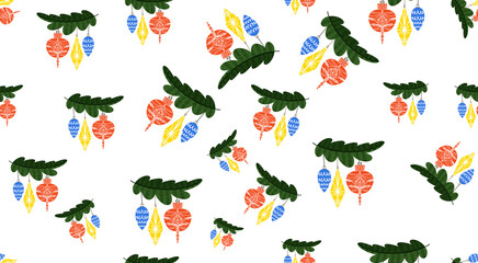 Seamless pattern with Christmas toys and fir branches. Pattern for Christmas design