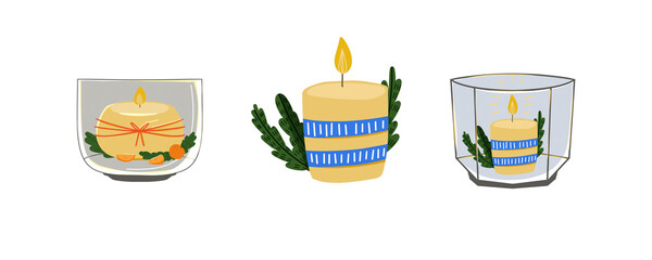 Christmas set candle with spruce branches. Winter holiday new year decoration. Hand drawn cartoon flat style