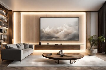 Fototapeta premium A Canvas Frame for a mockup in a modern living room, illuminated by the ambient backlight of recessed LED lights