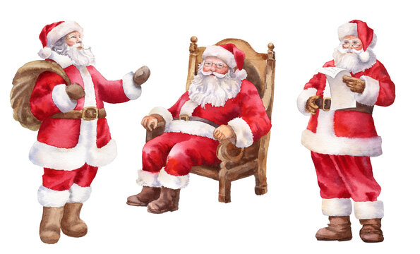 Santa Clause set clipart. Christmas character. Hand drawn watercolor illustration. Vintage Santa with letter, sit on chair. PNG on transparent background
