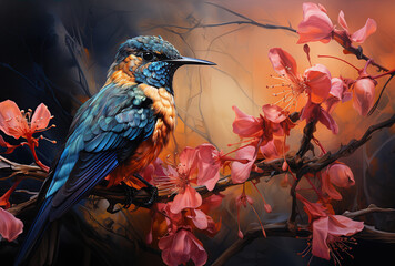Fototapeta premium Scaly-breasted hummingbird feeding on flowers. Created with Generative AI