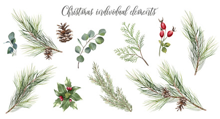 Watercolor Christmas floral element set. Winter greenery clipart for greeting card. Fir branches, red berries, eucalyptus leaves, pine coin. Illustration isolated on transparent background - obrazy, fototapety, plakaty