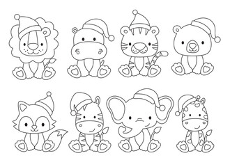 Christmas wild baby animals wearing Santa hat outline drawing vector illustration. Cute holiday animals line art vector with live stroke.
