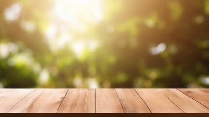 Empty Wooden surface for presentation with blurred garden background, mockup, Space for presentation product