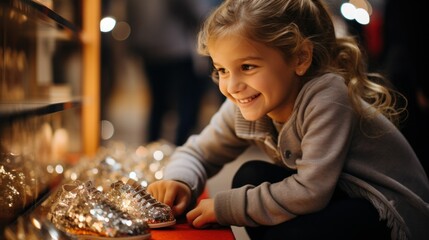 A little girl trying on a pair of sparkling shoes, gazing down at them with enchantment in a shoe store.