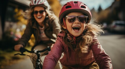 little girl with a bright pink helmet, nervously but excitedly pedaling a bike, with mom - obrazy, fototapety, plakaty