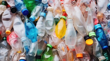 A pile of colorful plastic bottles, freshly crushed, awaiting their journey to the recycling facility, symbolizing waste reduction.
