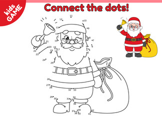 Dot to dot kids game. Cartoon happy Santa Claus ringing bell with a bag of gifts. Connect the dots by numbers and draw a cute merry Christmas character. Educational puzzle for children. Vector design.
