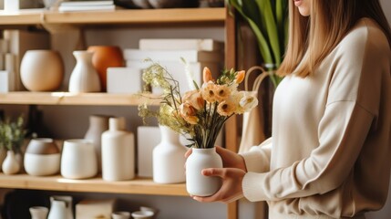 A thoughtful woman, exploring a cozy home decor shop, holding a delicate, ceramic vase, envisioning it in her living space.
