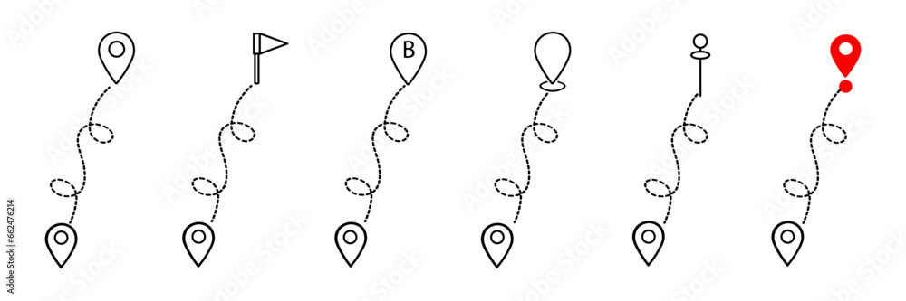 Aufkleber straight and curved direction lines from start to final end point fast and slow, easy and hard paths