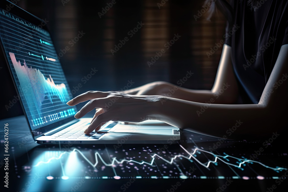 Poster close up of hands of woman using laptop with glowing trading index graph on dark background