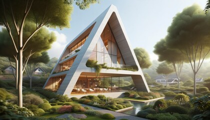 Modern 'A' Shaped Triangular Residence with Garden and Large Windows. Wedding style.  modern residence with a garden, and large windows allowing ample light, resembling a triangular house - Powered by Adobe
