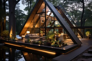 Modern 'A' Shaped Triangular Residence with Garden and Large Windows. Wedding style.  modern residence with a garden, and large windows allowing ample light, resembling a triangular house