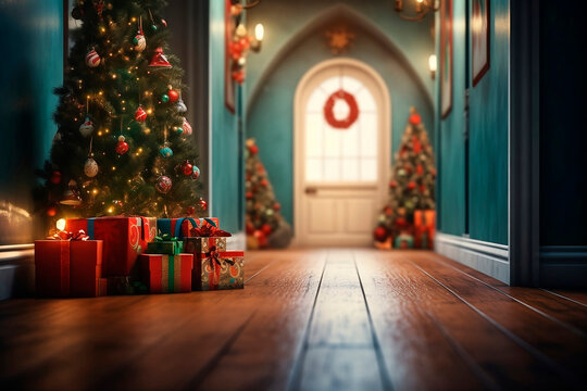 corridor with gifts and Christmas trees on the sides inside a Christmas decorated house and with a Christmas ornament at the door, Christmas theme, copy space