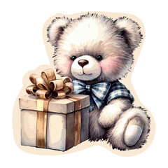 Bear with a gift watercolor drawing on a transparent background.