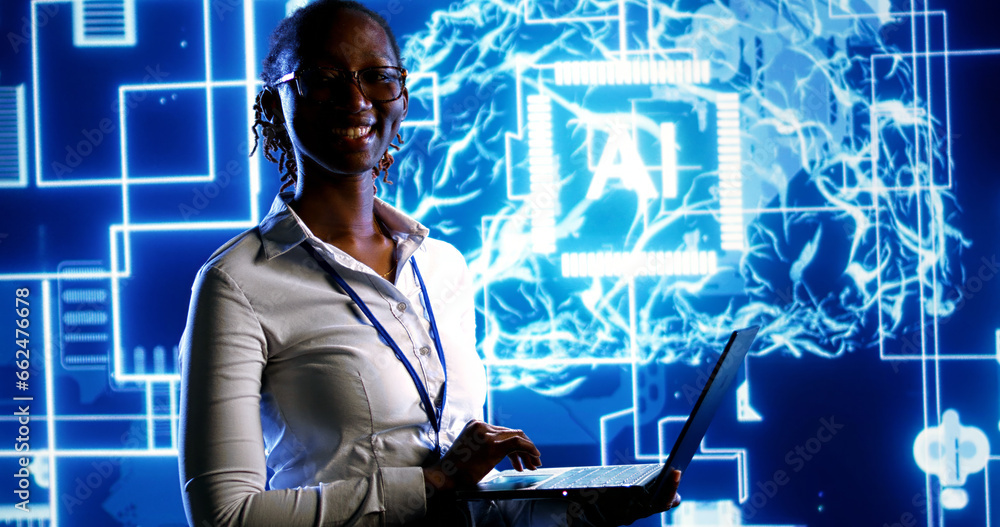 Poster african american engineer using laptop to maintenance artificial intelligence neural networks made u
